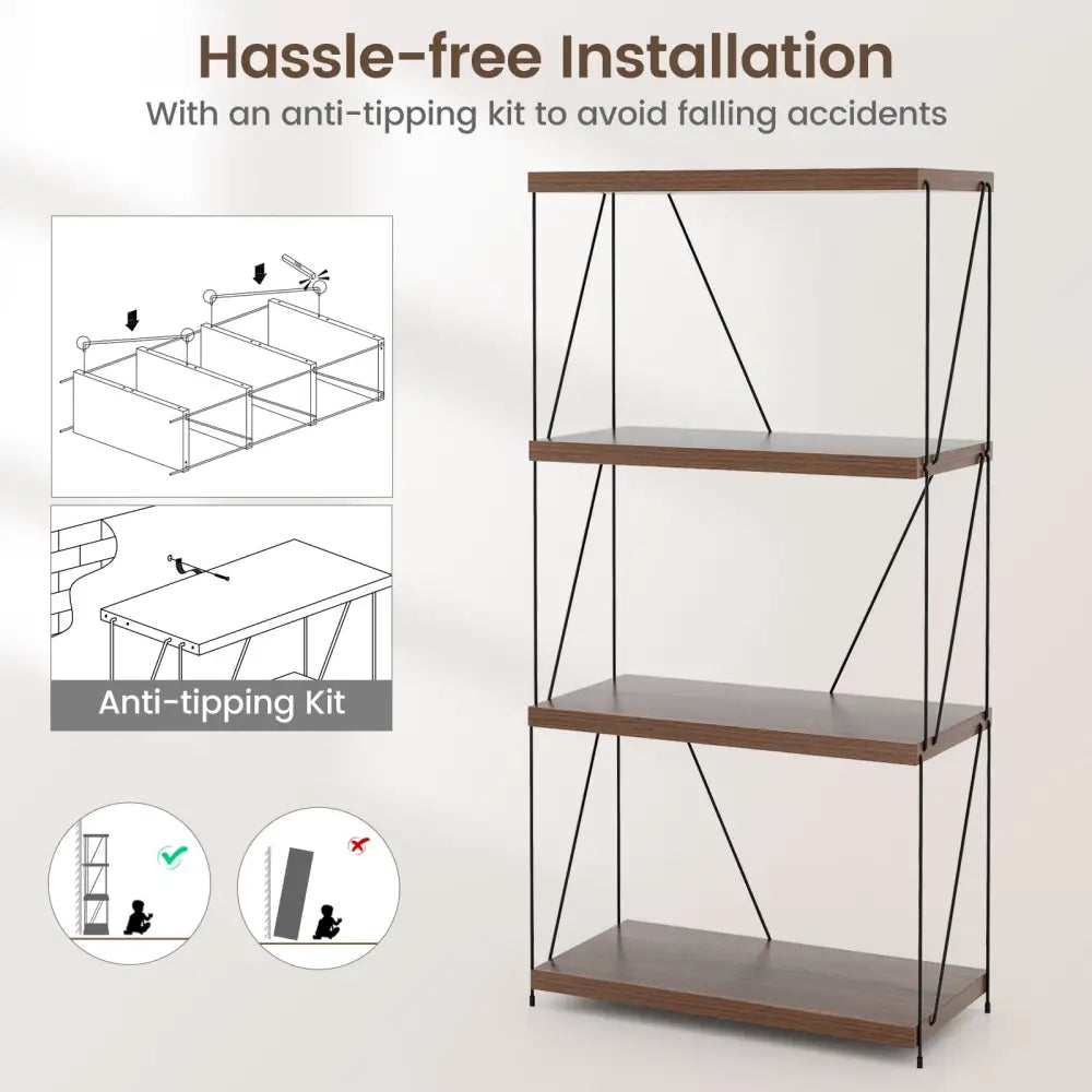2/3/4/5-Tier Multipurpose Display Rack with Metal Frame-4-Tier - Walnut - Bookcases