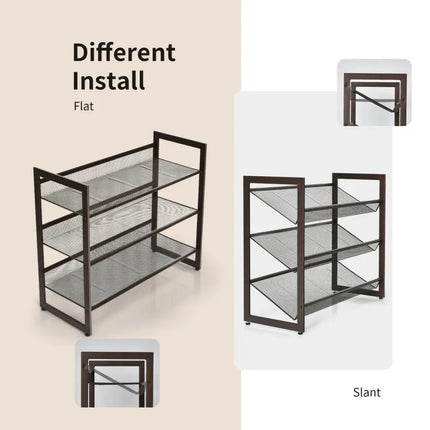 2/3/4 Tiers Flat and Slant Metal Shoe Rack for Entryway Hallway-3-Tier - Brown - Shoe Racks & Storage Benches