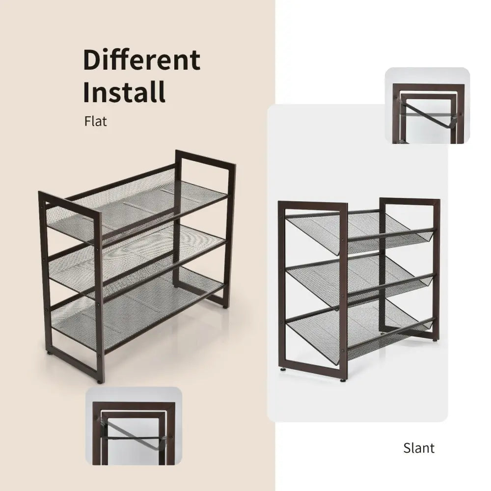 2/3/4 Tiers Flat and Slant Metal Shoe Rack for Entryway Hallway-3-Tier - Brown - Shoe Racks & Storage Benches