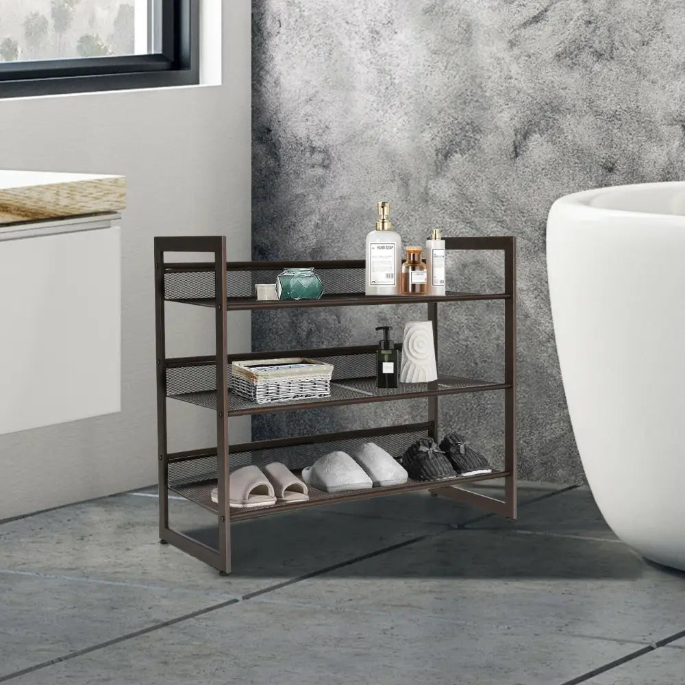 2/3/4 Tiers Flat and Slant Metal Shoe Rack for Entryway Hallway-3-Tier - Brown - Shoe Racks & Storage Benches