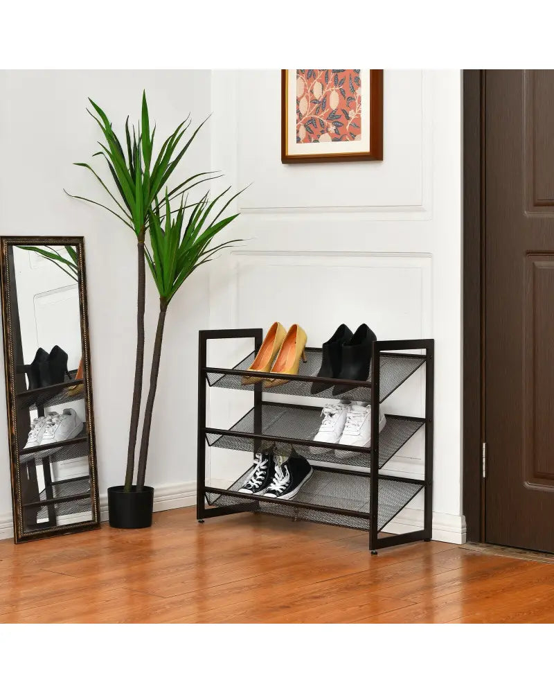 2/3/4 Tiers Flat and Slant Metal Shoe Rack for Entryway Hallway-3-Tier - Brown - Shoe Racks & Storage Benches