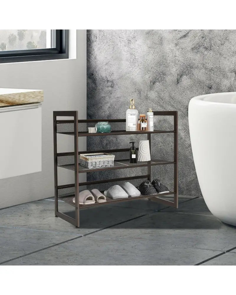2/3/4 Tiers Flat and Slant Metal Shoe Rack for Entryway Hallway-3-Tier - Brown - Shoe Racks & Storage Benches
