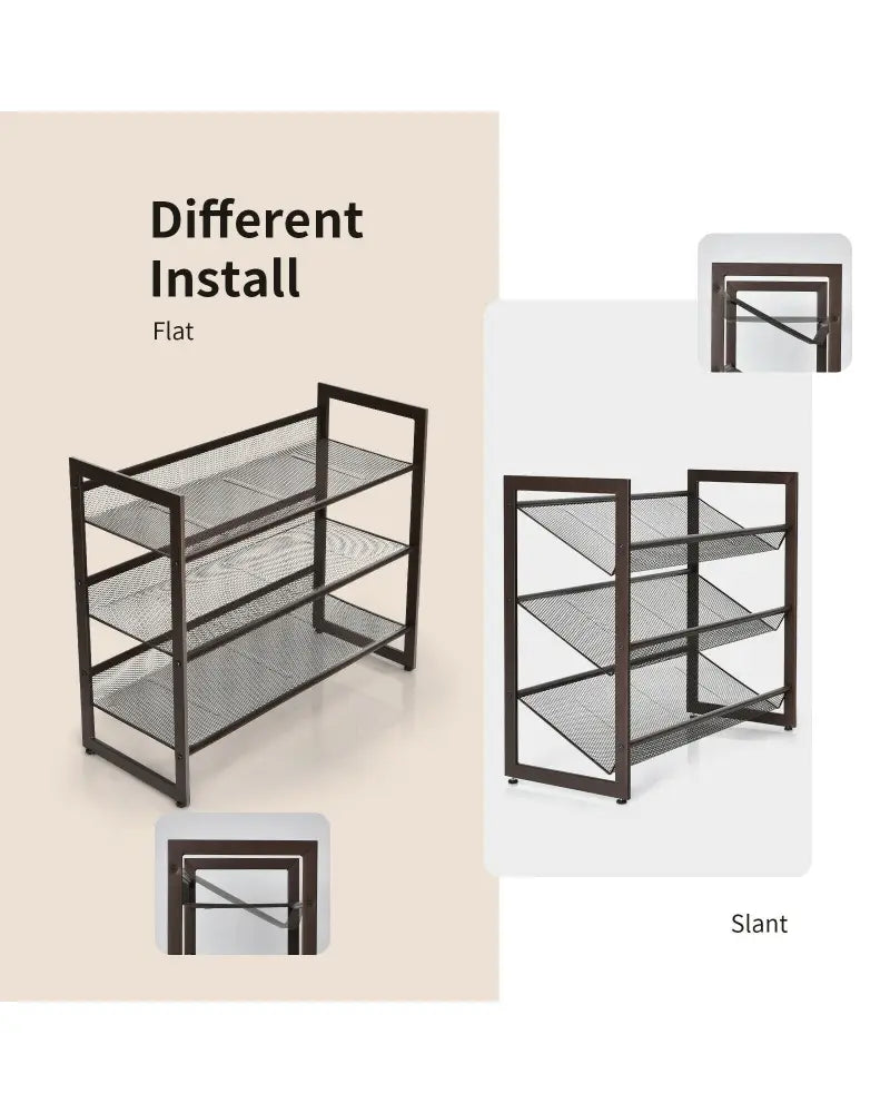 2/3/4 Tiers Flat and Slant Metal Shoe Rack for Entryway Hallway-3-Tier - Brown - Shoe Racks & Storage Benches