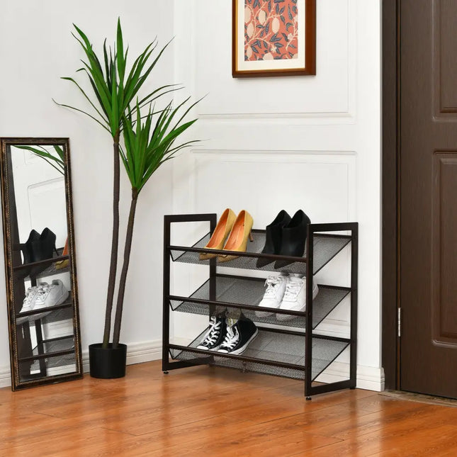 2/3/4 Tiers Flat and Slant Metal Shoe Rack for Entryway Hallway-3-Tier - Brown - Shoe Racks & Storage Benches