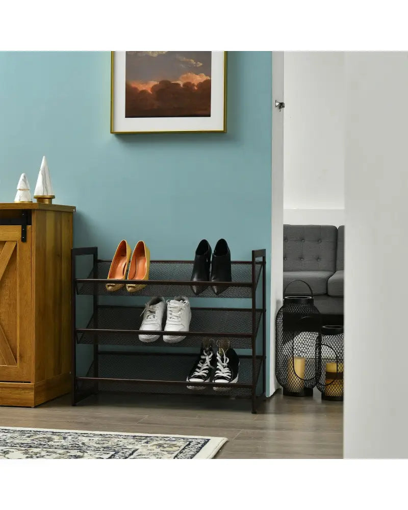 2/3/4 Tiers Flat and Slant Metal Shoe Rack for Entryway Hallway-3-Tier - Brown - Shoe Racks & Storage Benches