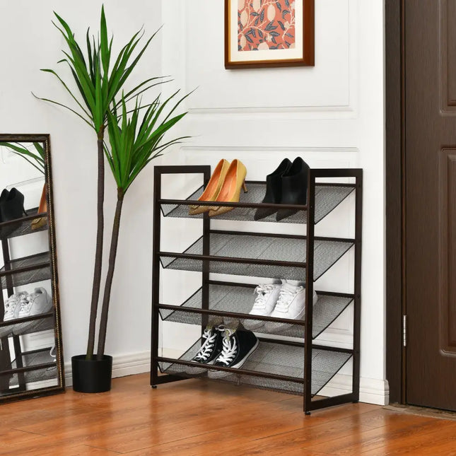 2/3/4 Tiers Flat and Slant Metal Shoe Rack for Entryway Hallway-4-Tier - Brown - Shoe Racks & Storage Benches