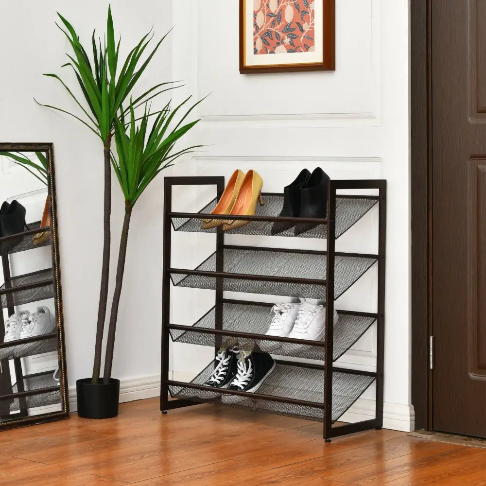 2/3/4 Tiers Flat and Slant Metal Shoe Rack for Entryway Hallway-4-Tier - Brown - Shoe Racks & Storage Benches
