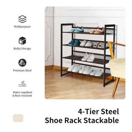 2/3/4 Tiers Flat and Slant Metal Shoe Rack for Entryway Hallway-4-Tier - Brown - Shoe Racks & Storage Benches
