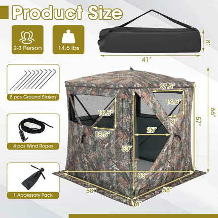 2-3 Person Hunting Blind Portable Pop Up Ground Tent with Carry Bag and Storage Pocket - Multicolor - Tents