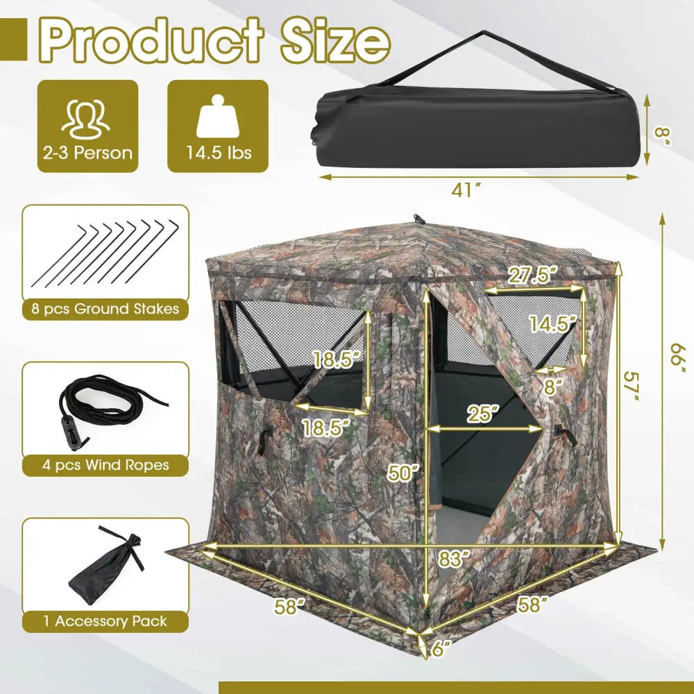 2-3 Person Hunting Blind Portable Pop Up Ground Tent with Carry Bag and Storage Pocket - Multicolor - Tents