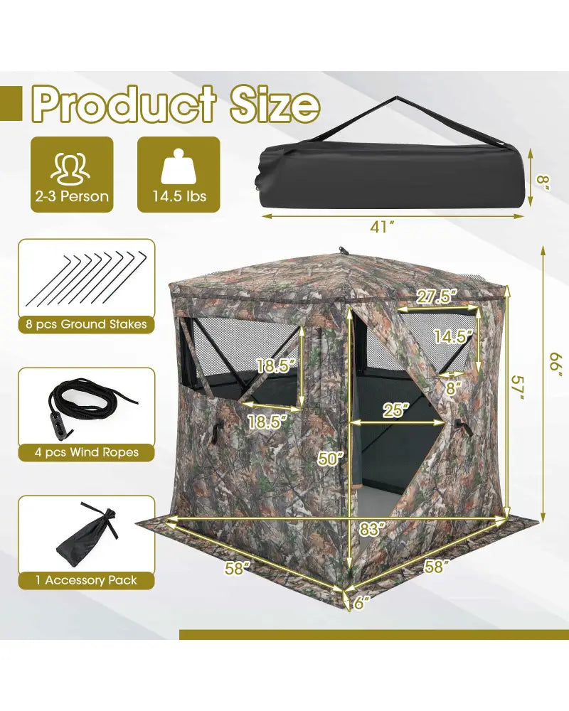 2-3 Person Hunting Blind Portable Pop Up Ground Tent with Carry Bag and Storage Pocket - Multicolor - Tents