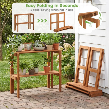 2/3-Tier Folding Wooden Storage Shelves for Entryway and Garden-2-Tier - Plant Stands