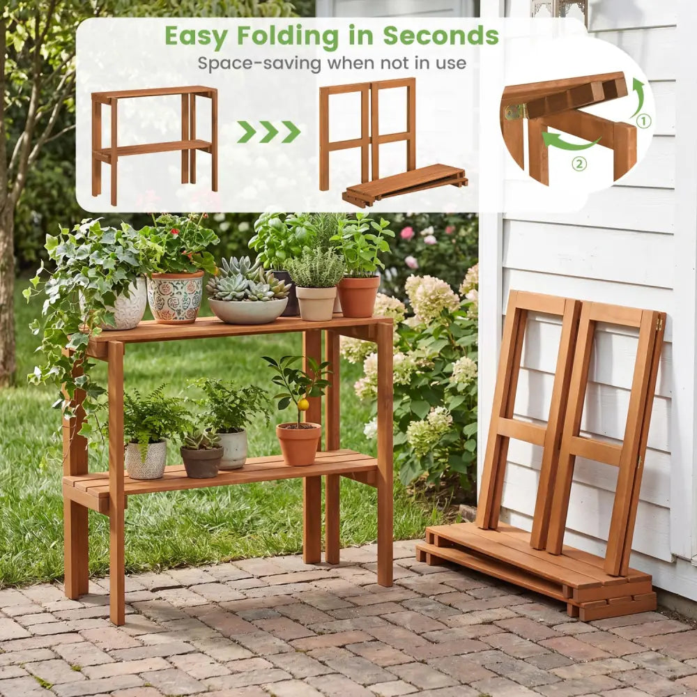 2/3-Tier Folding Wooden Storage Shelves for Entryway and Garden-2-Tier - Plant Stands