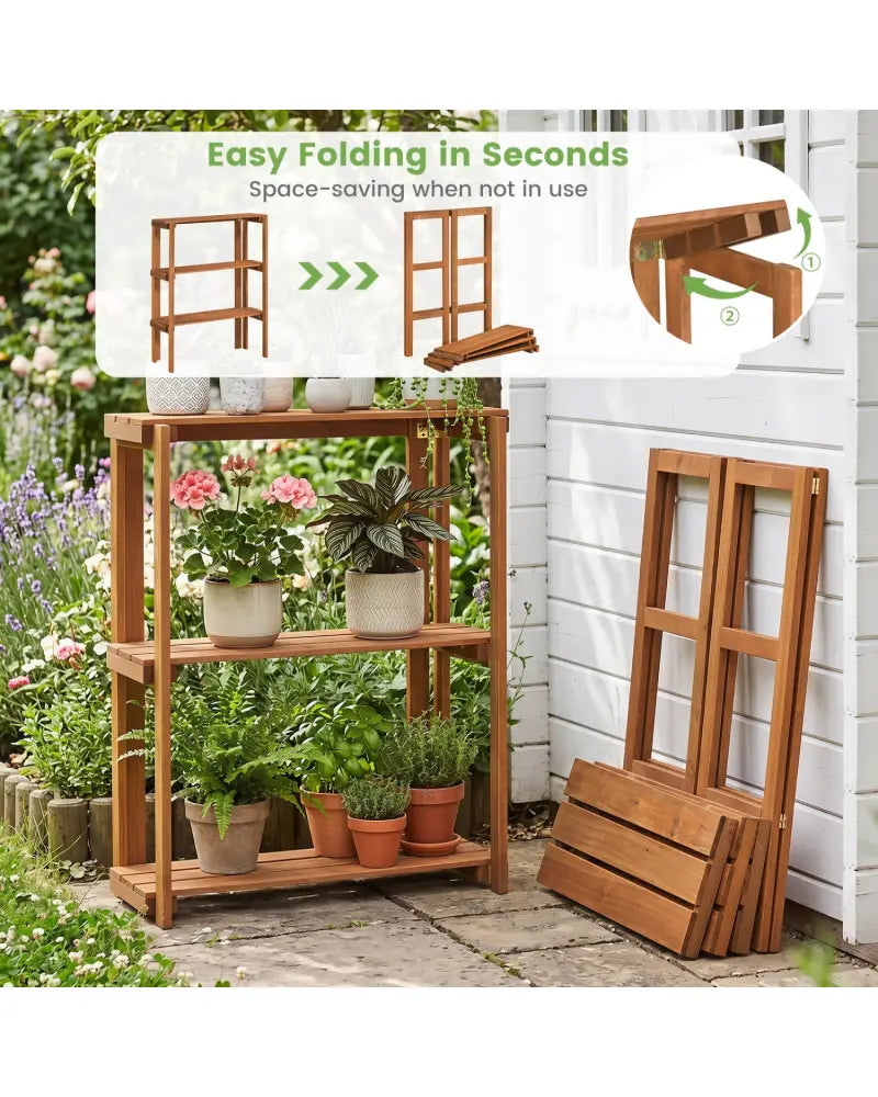 2/3-Tier Folding Wooden Storage Shelves for Entryway and Garden-3-Tier - Plant Stands