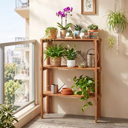 2/3-Tier Folding Wooden Storage Shelves for Entryway and Garden-3-Tier - Plant Stands