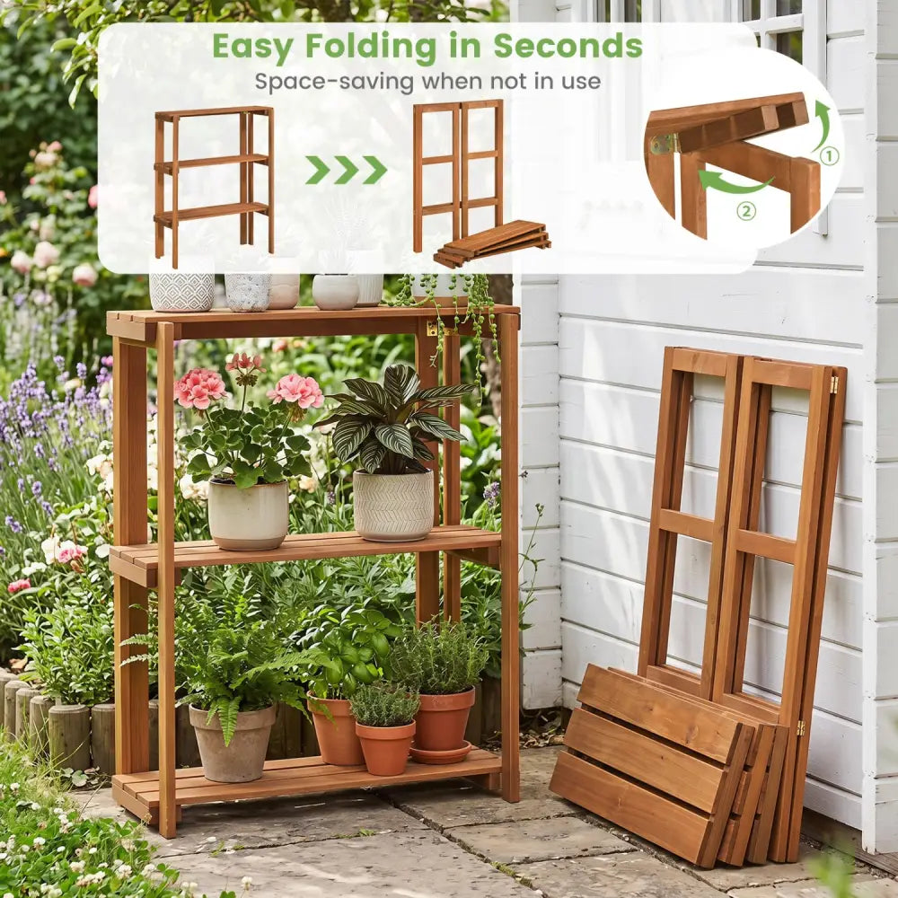 2/3-Tier Folding Wooden Storage Shelves for Entryway and Garden-3-Tier - Plant Stands