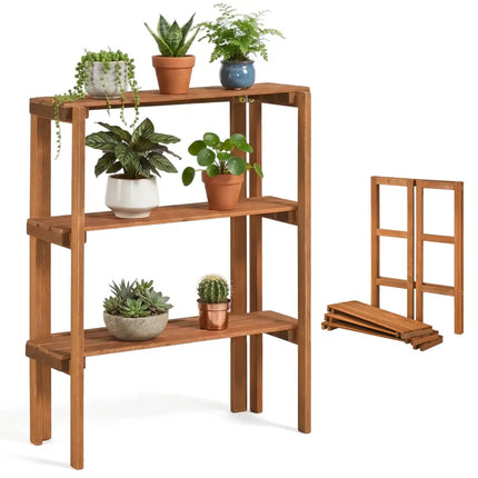 2/3-Tier Folding Wooden Storage Shelves for Entryway and Garden-3-Tier - Plant Stands