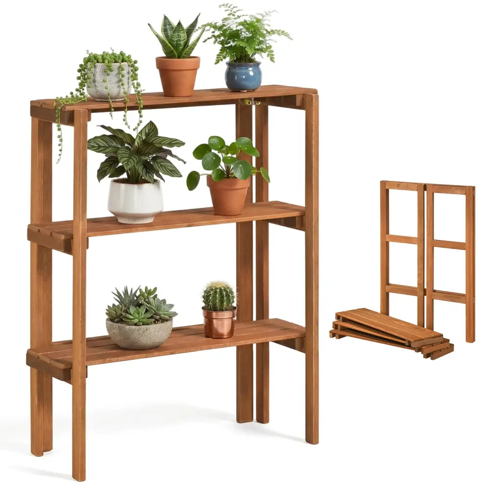 2/3-Tier Folding Wooden Storage Shelves for Entryway and Garden-3-Tier - Plant Stands