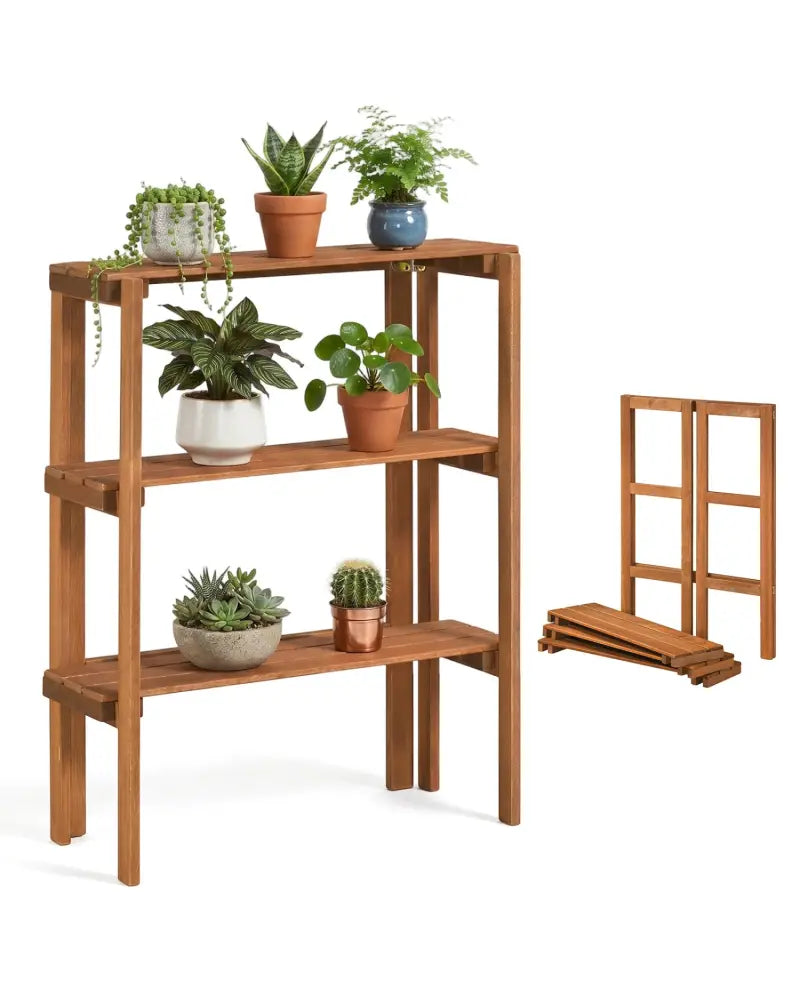 2/3-Tier Folding Wooden Storage Shelves for Entryway and Garden-3-Tier - Plant Stands