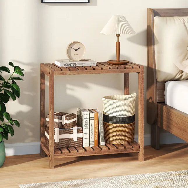 2/3-Tier Side Table Teak Wood Stand Utility Storage Shelf-2-tier - Natural - Plant Stands