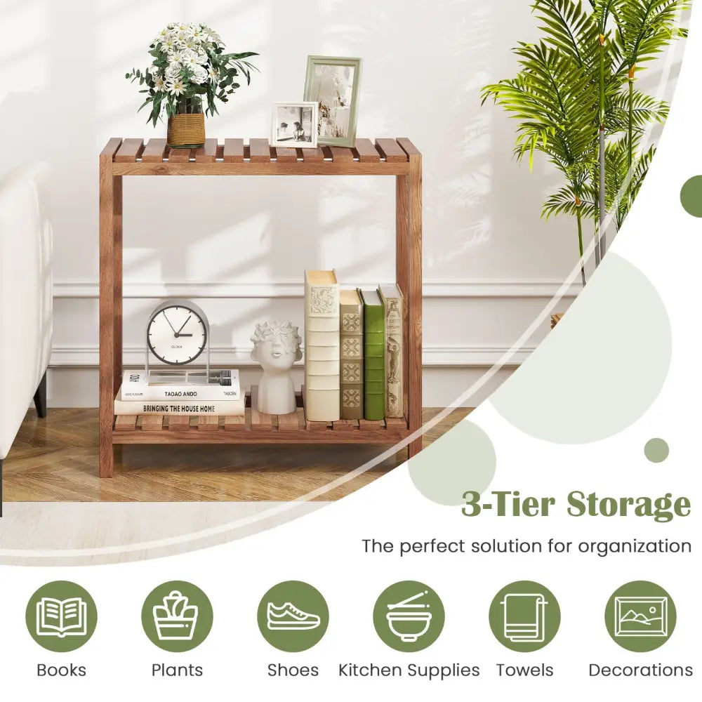 2/3-Tier Side Table Teak Wood Stand Utility Storage Shelf-2-tier - Natural - Plant Stands