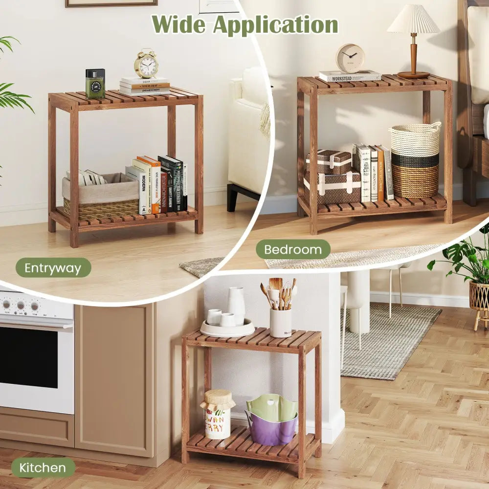 2/3-Tier Side Table Teak Wood Stand Utility Storage Shelf-2-tier - Natural - Plant Stands