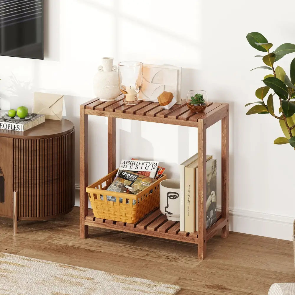2/3-Tier Side Table Teak Wood Stand Utility Storage Shelf-2-tier - Natural - Plant Stands