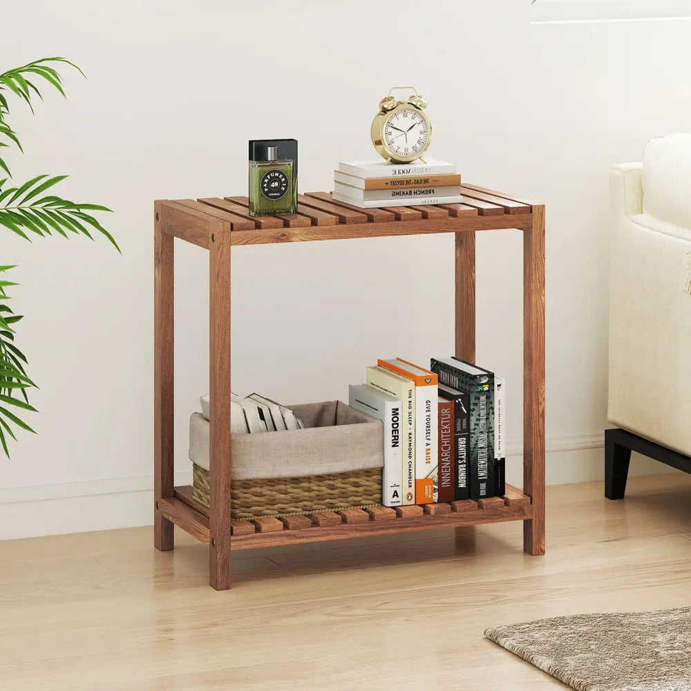 2/3-Tier Side Table Teak Wood Stand Utility Storage Shelf-2-tier - Natural - Plant Stands