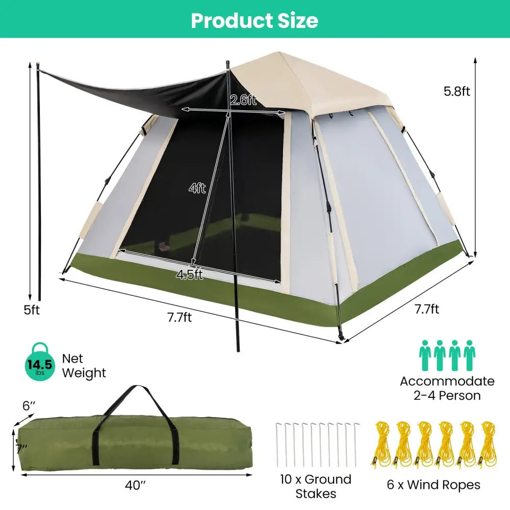 2-4 Person Instant Pop-up Camping Tent with Removable Rainfly - Beige - Tents