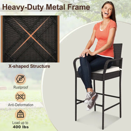2/4 Pieces Outdoor PE Rattan Cushioned Barstool Set with Armrests-Set of 2 - Off White - Patio Bar Furniture