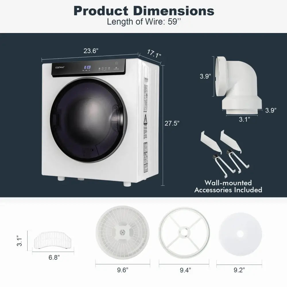 2.6 Cu.ft Compact Clothes Dryer with Touch Panel and 2 Modes-White Costway