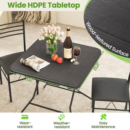 2.6FT Foldable Dining Table with Wood Grain HDPE Tabletop and Non-slip Foot Pads-Black - Black - Patio Dining Tables