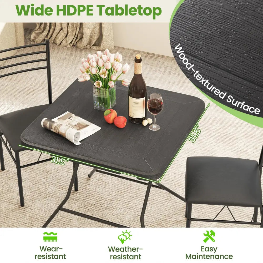 2.6FT Foldable Dining Table with Wood Grain HDPE Tabletop and Non-slip Foot Pads-Black - Black - Patio Dining Tables