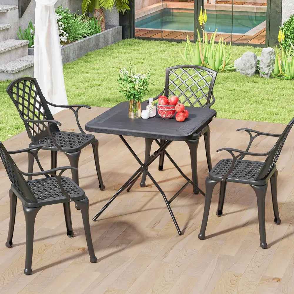 2.6FT Foldable Dining Table with Wood Grain HDPE Tabletop and Non-slip Foot Pads-Black - Black - Patio Dining Tables