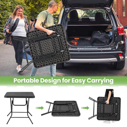 2.6FT Foldable Dining Table with Wood Grain HDPE Tabletop and Non-slip Foot Pads-Black - Black - Patio Dining Tables