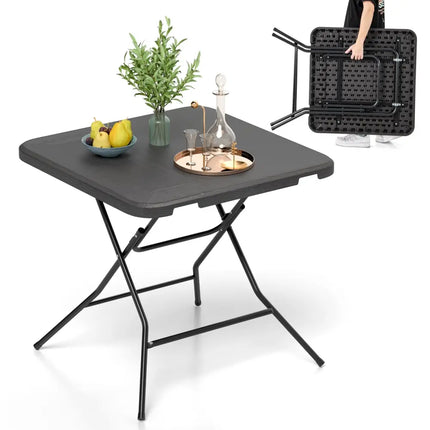 2.6FT Foldable Dining Table with Wood Grain HDPE Tabletop and Non-slip Foot Pads-Black - Black - Patio Dining Tables