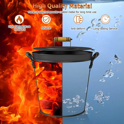 2.9 Gallon Metal Coal Ash Can with Wooden Lid and Side Grips for Fireplace Fire Pits - Fireplace Tools