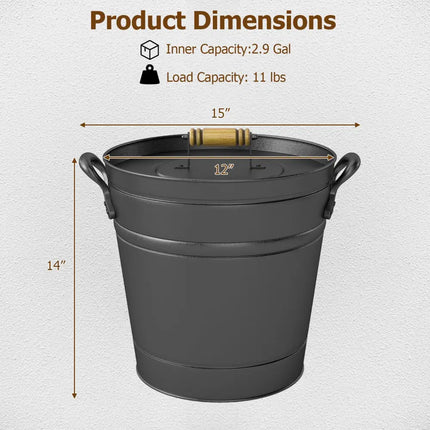 2.9 Gallon Metal Coal Ash Can with Wooden Lid and Side Grips for Fireplace Fire Pits - Fireplace Tools