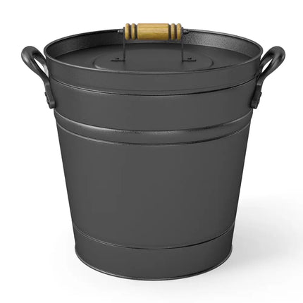 2.9 Gallon Metal Coal Ash Can with Wooden Lid and Side Grips for Fireplace Fire Pits - Fireplace Tools