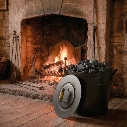 2.9 Gallon Metal Coal Ash Can with Wooden Lid and Side Grips for Fireplace Fire Pits - Fireplace Tools
