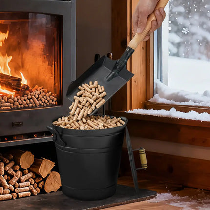 2.9 Gallon Metal Coal Ash Can with Wooden Lid and Side Grips for Fireplace Fire Pits - Fireplace Tools