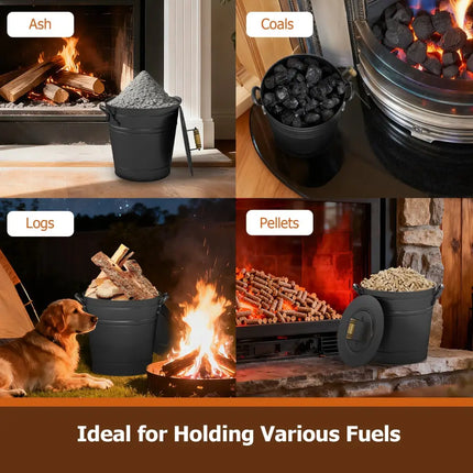 2.9 Gallon Metal Coal Ash Can with Wooden Lid and Side Grips for Fireplace Fire Pits - Fireplace Tools