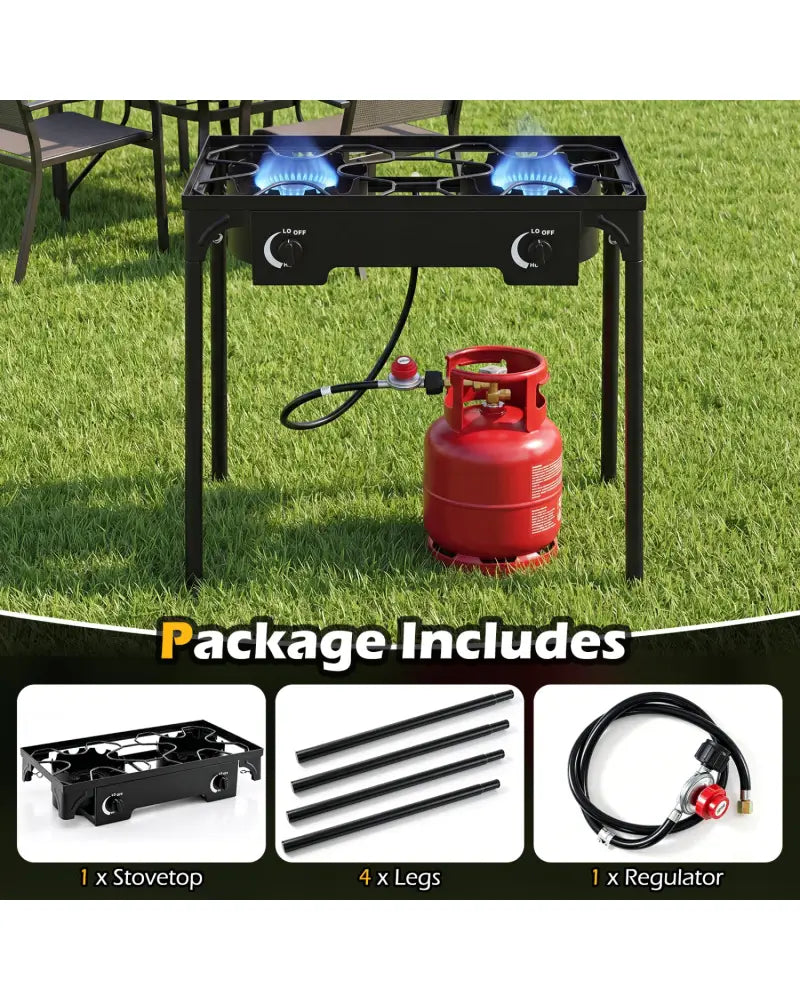 2 Burner Propane Stove 160000 BTU with Adjustable Regulator & Hose for Camping BBQ-Black - Black - Outdoor Grills