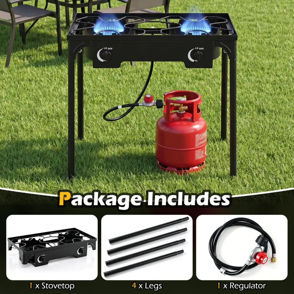 2 Burner Propane Stove 160000 BTU with Adjustable Regulator & Hose for Camping BBQ-Black - Black - Outdoor Grills