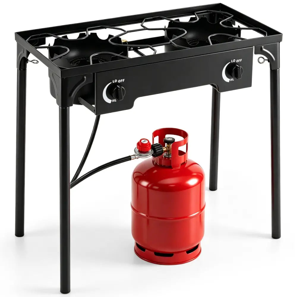 2 Burner Propane Stove 160000 BTU with Adjustable Regulator & Hose for Camping BBQ-Black - Black - Outdoor Grills