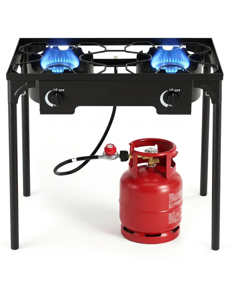 2 Burner Propane Stove 160000 BTU with Adjustable Regulator & Hose for Camping BBQ-Black - Black - Outdoor Grills