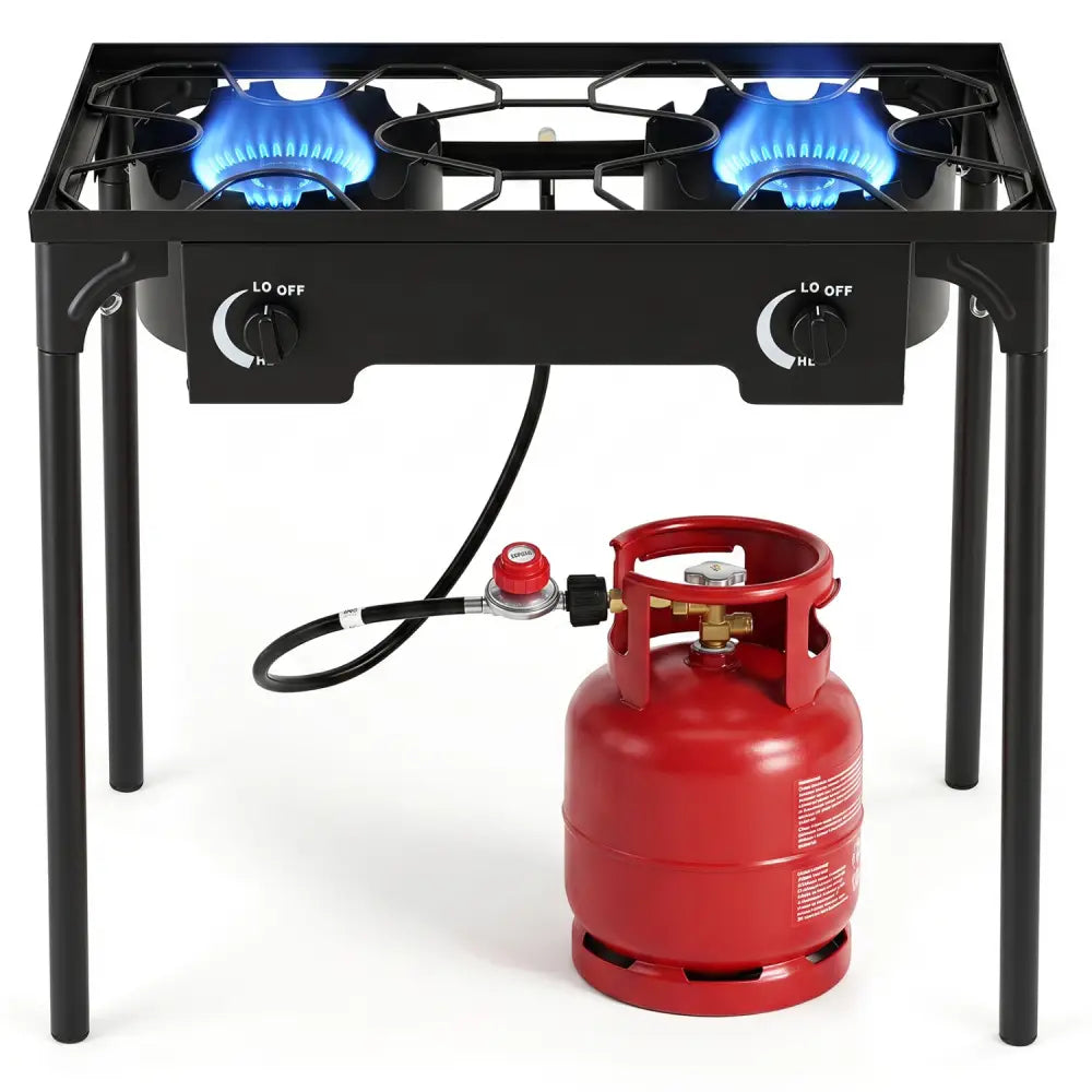 2 Burner Propane Stove 160000 BTU with Adjustable Regulator & Hose for Camping BBQ-Black - Black - Outdoor Grills