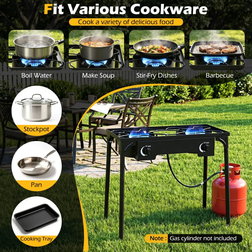 2 Burner Propane Stove 160000 BTU with Adjustable Regulator & Hose for Camping BBQ-Black - Black - Outdoor Grills