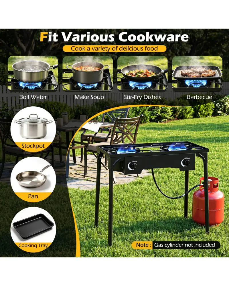 2 Burner Propane Stove 160000 BTU with Adjustable Regulator & Hose for Camping BBQ-Black - Black - Outdoor Grills
