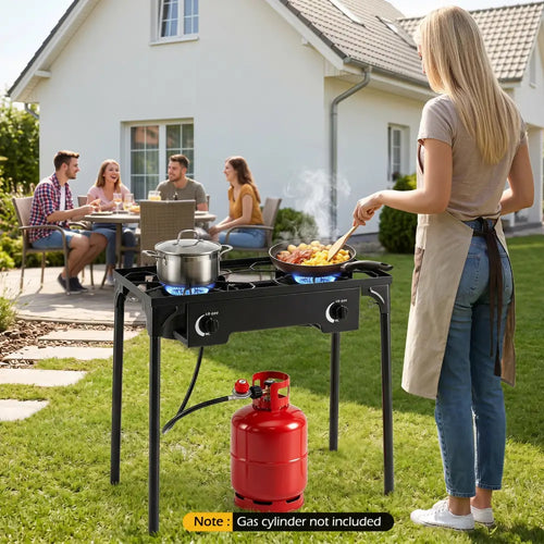 2 Burner Propane Stove 160000 BTU with Adjustable Regulator & Hose for Camping BBQ-Black - Black - Outdoor Grills